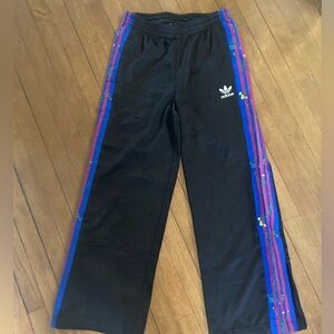 Adidas Black Track Pants with Red Blue Stripes and Floral Embroidery along sides